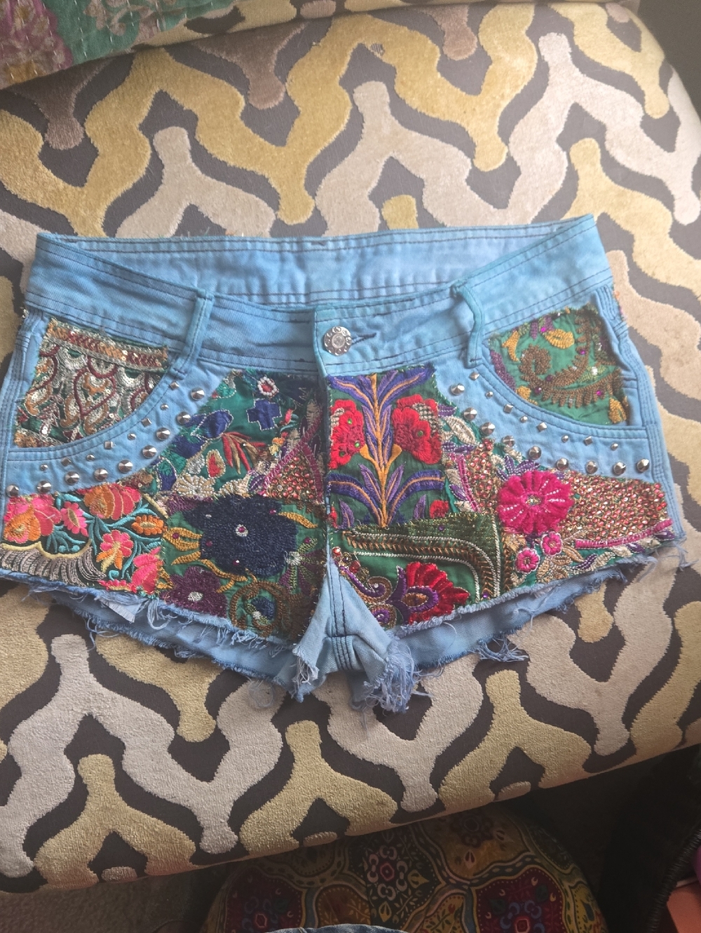 Light Blue Embroidered Denim Shorts with Floral Patchwork